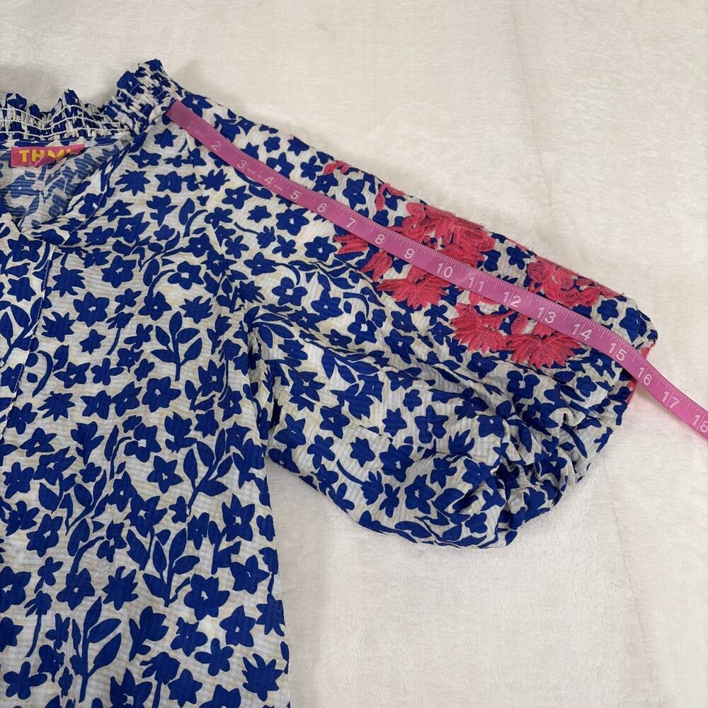 THML Top Sz XS Blue/Tan w/ Embroidered Floral Pink Puff Sleeves Smocked Neck - Picture 5 of 11